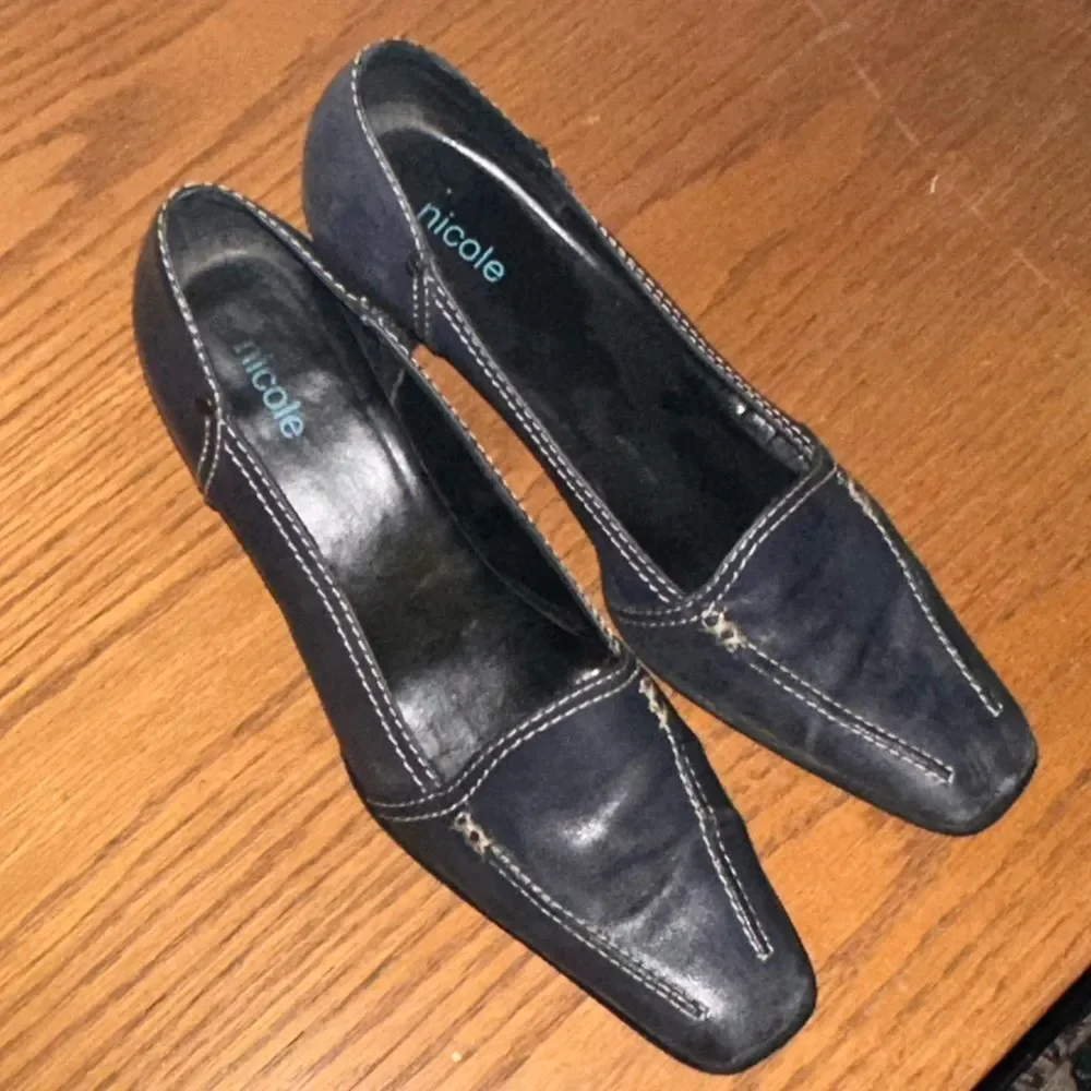 Nicole Blue Denim Leather Contrast Stitch Y2K Business Kitten Heels